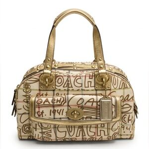 Coach Poppy Chelsea Graffiti Gold Tattersall Satchel Purse Cream and Gold